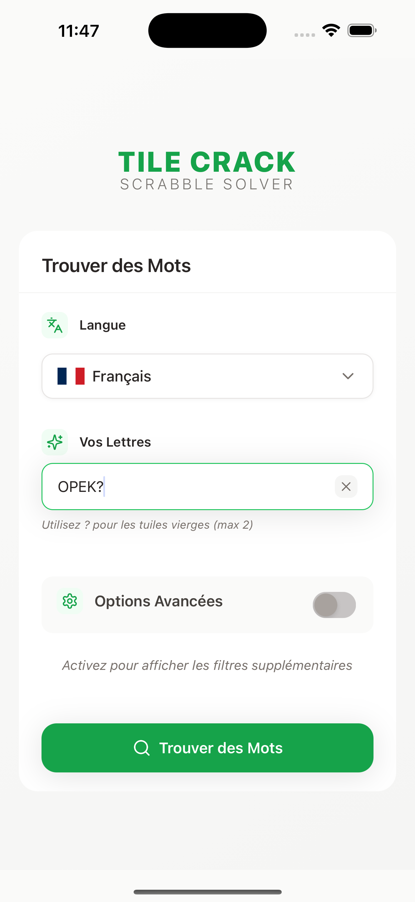Tile Crack app homepage showing multilingual word finder interface with language selection for English, French, Spanish, German, Turkish and Romanian. Free Scrabble word validation app for Android and iOS.