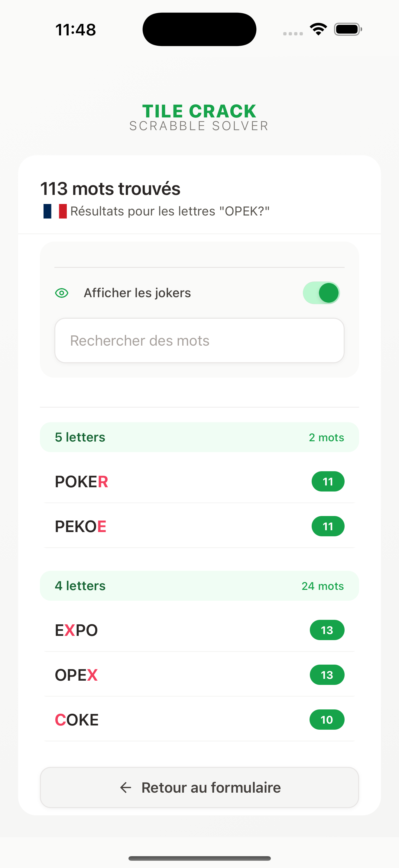 Scrabble word finder results screen displaying 250+ valid words found from input letters with point calculations. Lightning-fast word validation under 100ms for competitive Scrabble games.