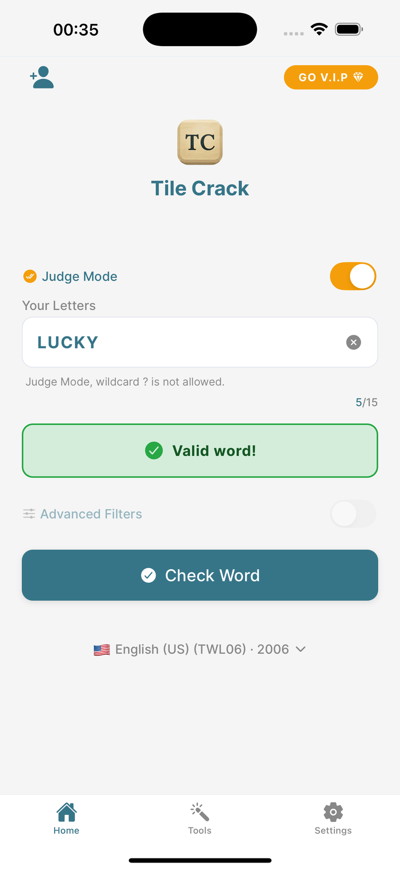 Mod Arbitru Tile Crack arătând LUCKY ca un cuvânt valid