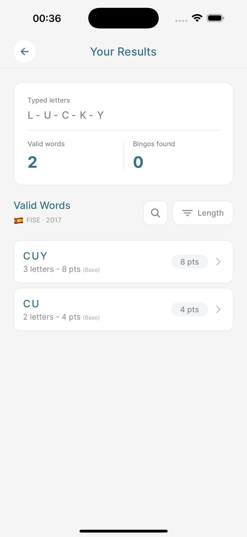 Lista de rezultate Tile Crack cu cuvinte valide și scoruri